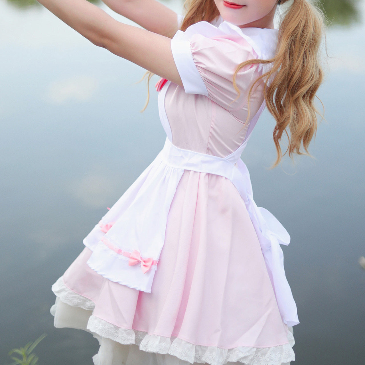 大きいサイズ レディース リボンのメイド服ピンクワンピ―ス (M/L/2L/3L/4L/5L/6L)/コスプレ/ハロウィン