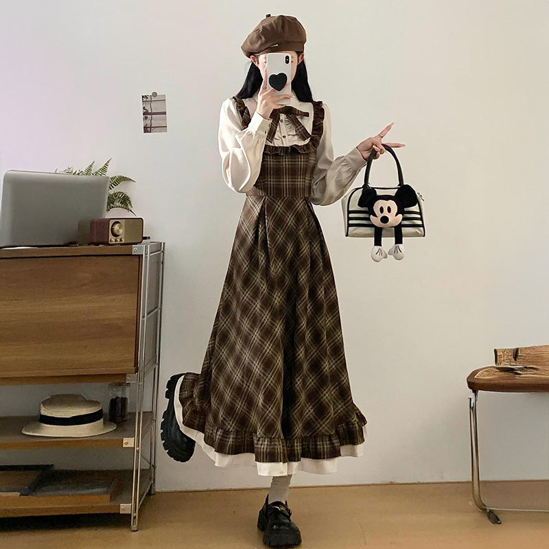 大きいサイズ レディース ときめき仕立てのブラウンハートチェックロングワンピース(3L/4L/5L)