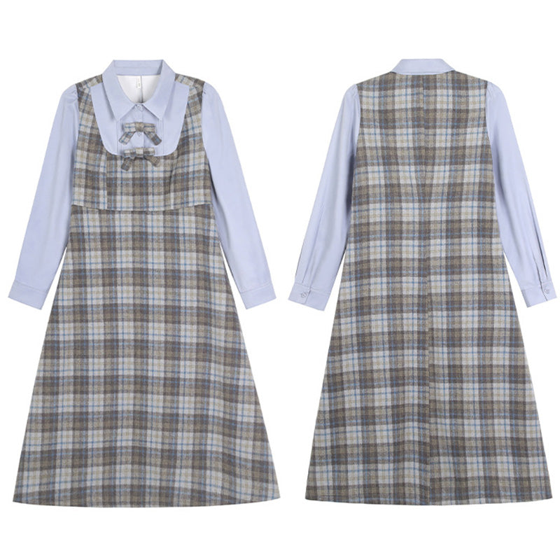 美品☆45R ブルー×ホワイトチェック ワンピース ゆったり大きいサイズ