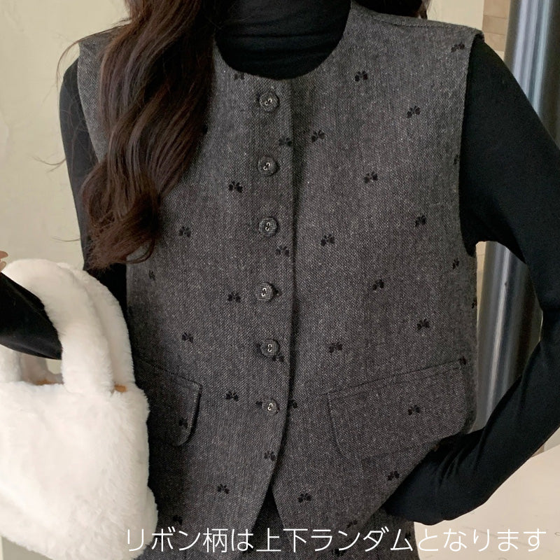 グレーリボンドット・ツイード3点セットアップ(L/LL/3L/4L/5L)