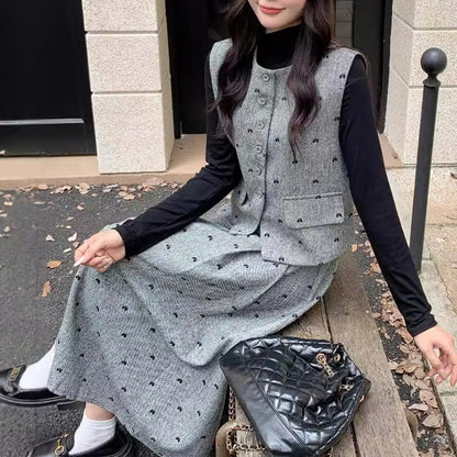 グレーリボンドット・ツイード3点セットアップ(L/LL/3L/4L/5L)