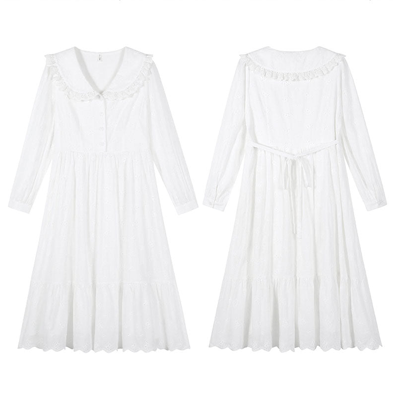 大きいサイズ レディース 花刺繍と大きめ襟のやさしい白ワンピース(LL/3L/4L/5L/6L)