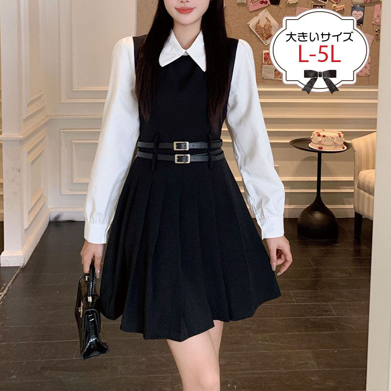 大きいサイズ レディース クラシカルガール・ダブルベルトプリーツワンピース(L/LL/3L/4L/5L)