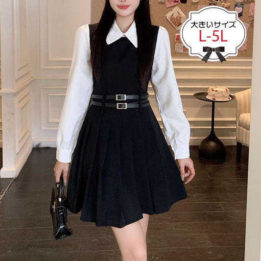 クラシカルガール・ダブルベルトプリーツワンピース(L/LL/3L/4L/5L)