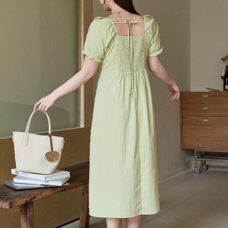 大きいサイズ レディース やわらか抹茶のフリルネック上品ワンピース(LL/3L/4L/5L/6L)