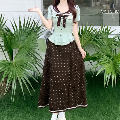 【選べる丈】ミントクリームセーラー・ポルカドットセットアップ(L/LL/3L/4L/5L)
