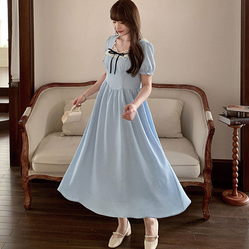 大きいサイズ レディース 清楚ブルーのリボンレースロングワンピース(LL/3L/4L/5L/6L)