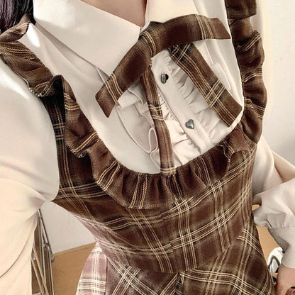 ときめき仕立てのブラウンハートチェックロングワンピース(3L/4L/5L)