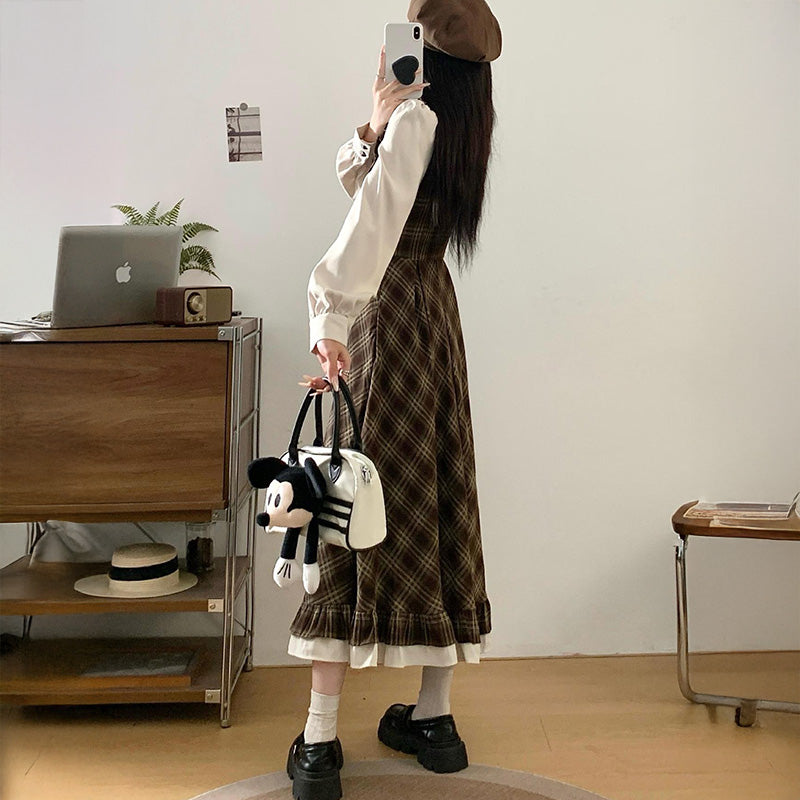 大きいサイズ レディース ときめき仕立てのブラウンハートチェックロングワンピース(3L/4L/5L)