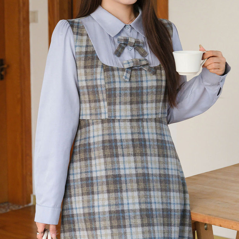 大きいサイズ レディース ブルーグレイスチェック ロングワンピース(3L/4L/5L/6L)