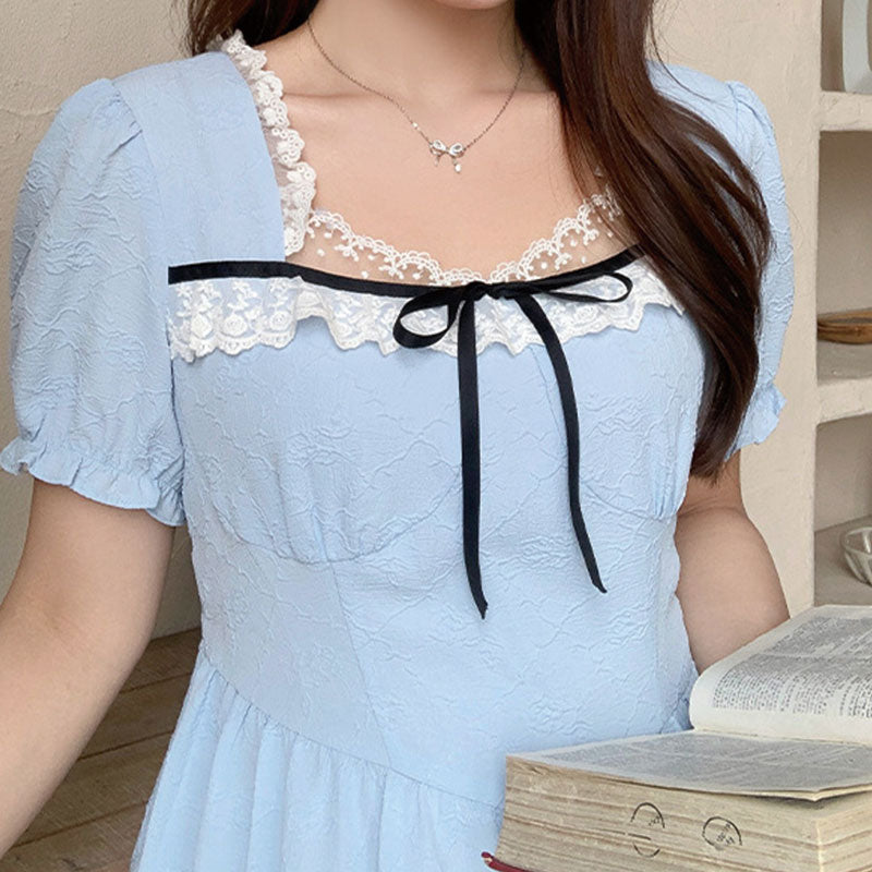 大きいサイズ レディース 清楚ブルーのリボンレースロングワンピース(LL/3L/4L/5L/6L)