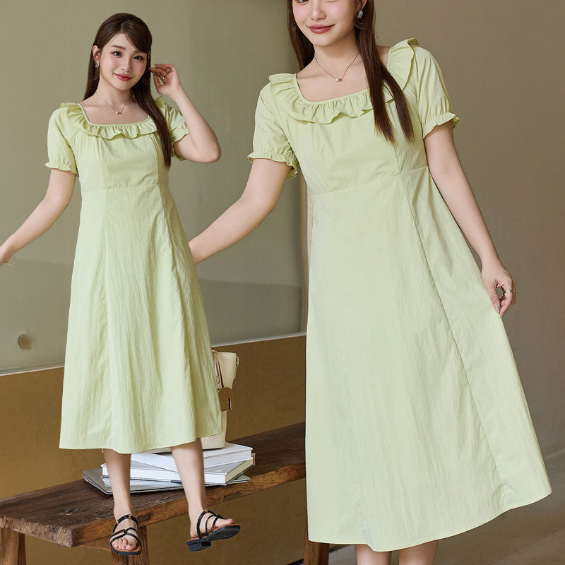 大きいサイズ レディース やわらか抹茶のフリルネック上品ワンピース(LL/3L/4L/5L/6L)