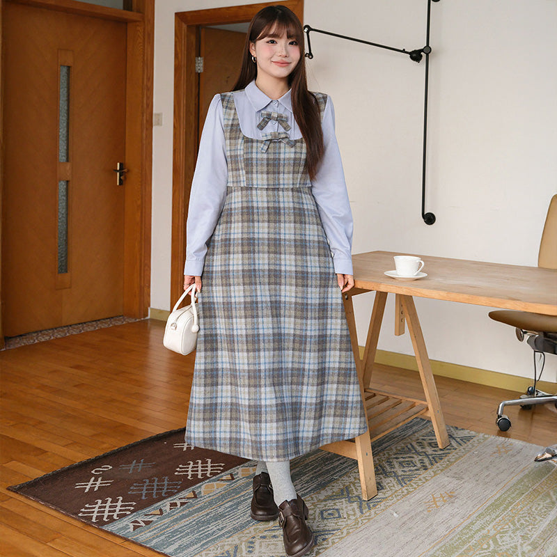 大きいサイズ レディース｜ブルーグレイスチェック ロングワンピース