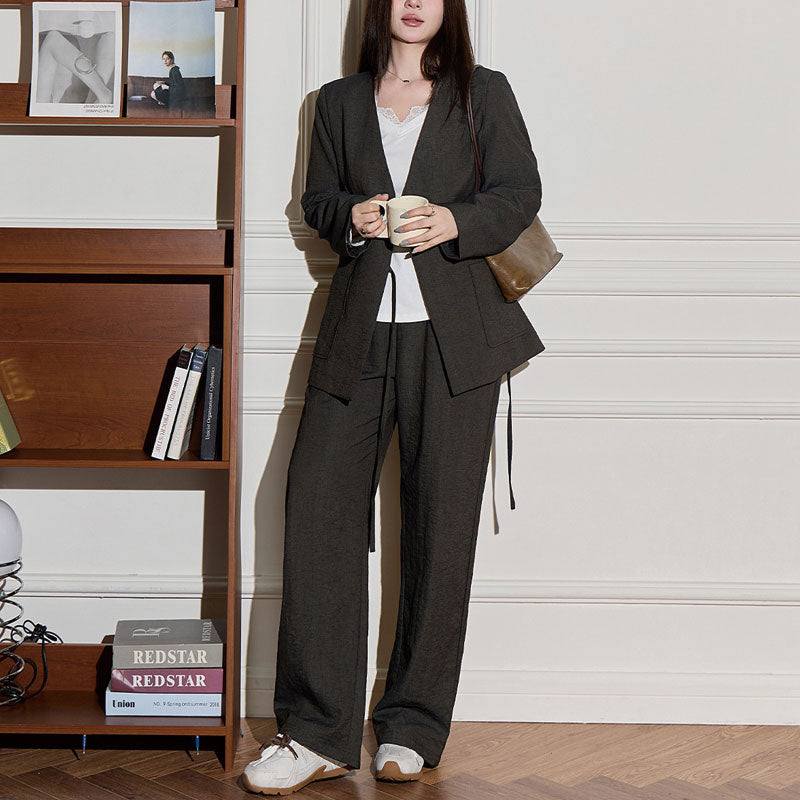 大きいサイズ レディース 抜け感ノーカラーのゆる美シルエットスーツセット(LL/3L/4L/5L/6L)