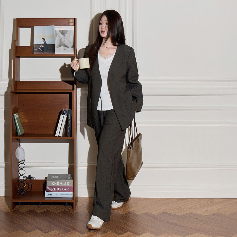 大きいサイズ レディース 抜け感ノーカラーのゆる美シルエットスーツセット(LL/3L/4L/5L/6L)