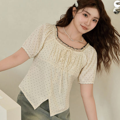 ホワイトドットのふんわり華奢見えリボンオフショルブラウス(LL/3L/4L/5L/6L)