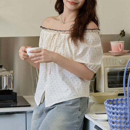 ホワイトドットのふんわり華奢見えリボンオフショルブラウス(LL/3L/4L/5L/6L)