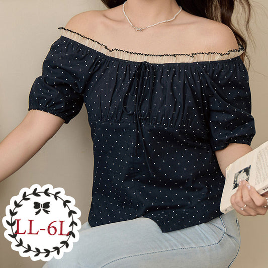 ブラックドットのふんわり華奢見えリボンオフショルブラウス(LL/3L/4L/5L/6L)