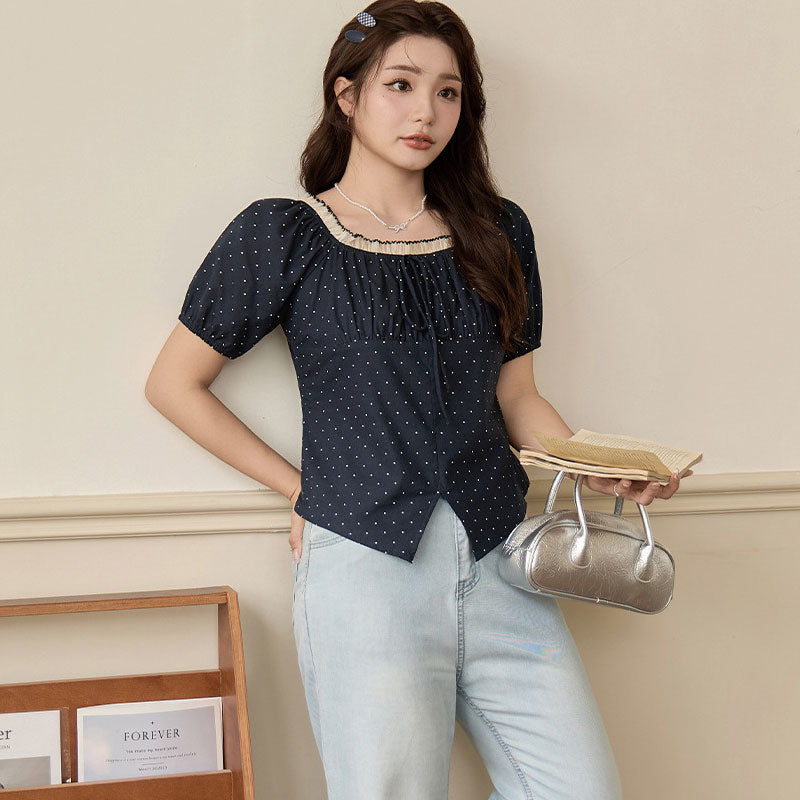 大きいサイズ レディース ブラックドットのふんわり華奢見えリボンオフショルブラウス(LL/3L/4L/5L/6L)