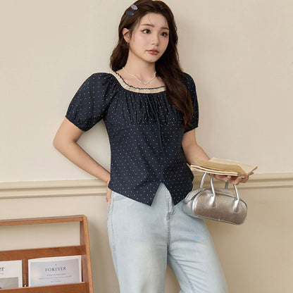 ブラックドットのふんわり華奢見えリボンオフショルブラウス(LL/3L/4L/5L/6L)