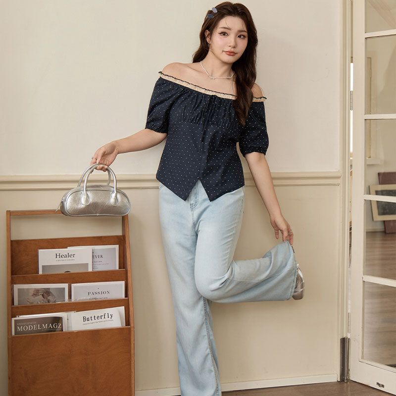 大きいサイズ レディース ブラックドットのふんわり華奢見えリボンオフショルブラウス(LL/3L/4L/5L/6L)