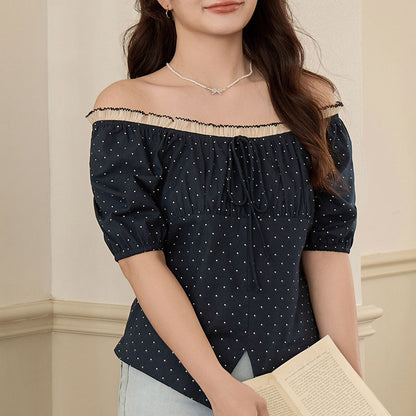 ブラックドットのふんわり華奢見えリボンオフショルブラウス(LL/3L/4L/5L/6L)