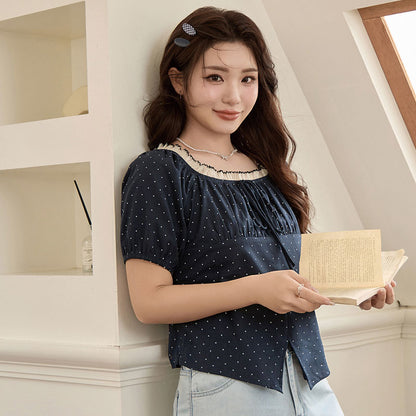 ブラックドットのふんわり華奢見えリボンオフショルブラウス(LL/3L/4L/5L/6L)