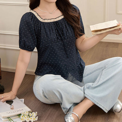 ブラックドットのふんわり華奢見えリボンオフショルブラウス(LL/3L/4L/5L/6L)