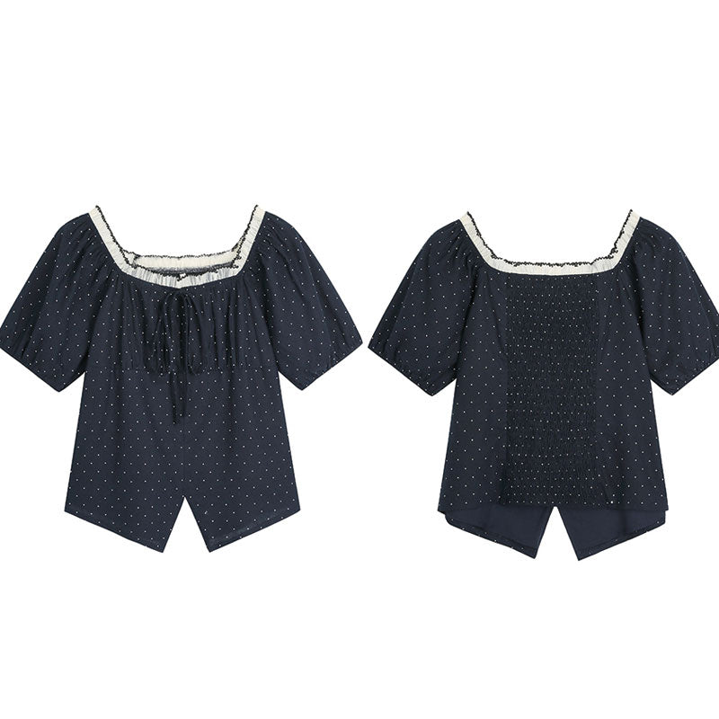 大きいサイズ レディース ブラックドットのふんわり華奢見えリボンオフショルブラウス(LL/3L/4L/5L/6L)