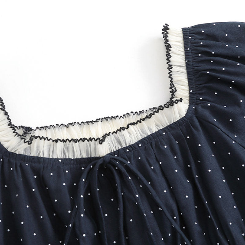 大きいサイズ レディース ブラックドットのふんわり華奢見えリボンオフショルブラウス(LL/3L/4L/5L/6L)