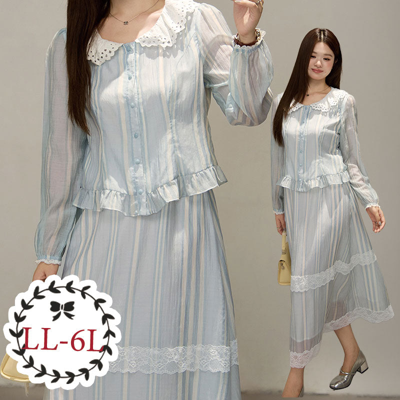 大きいサイズ レディース 淡色ストライプの軽やかレディセットアップ(LL/3L/4L/5L/6L)