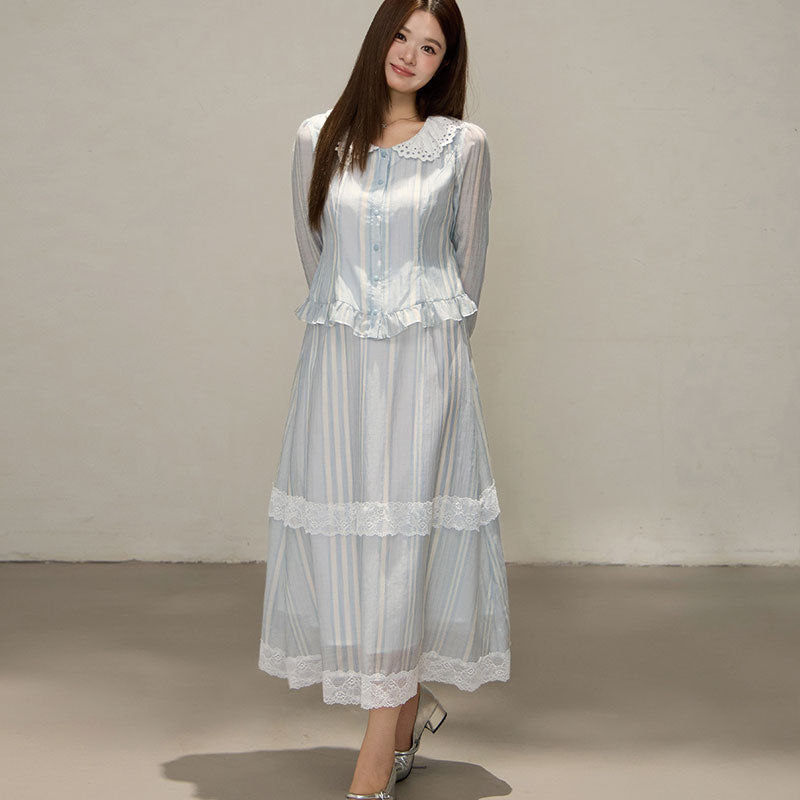 大きいサイズ レディース 淡色ストライプの軽やかレディセットアップ(LL/3L/4L/5L/6L)