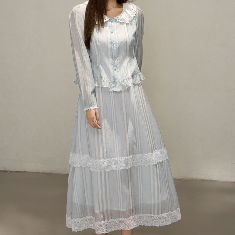 大きいサイズ レディース 淡色ストライプの軽やかレディセットアップ(LL/3L/4L/5L/6L)