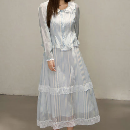 淡色ストライプの軽やかレディセットアップ(LL/3L/4L/5L/6L)