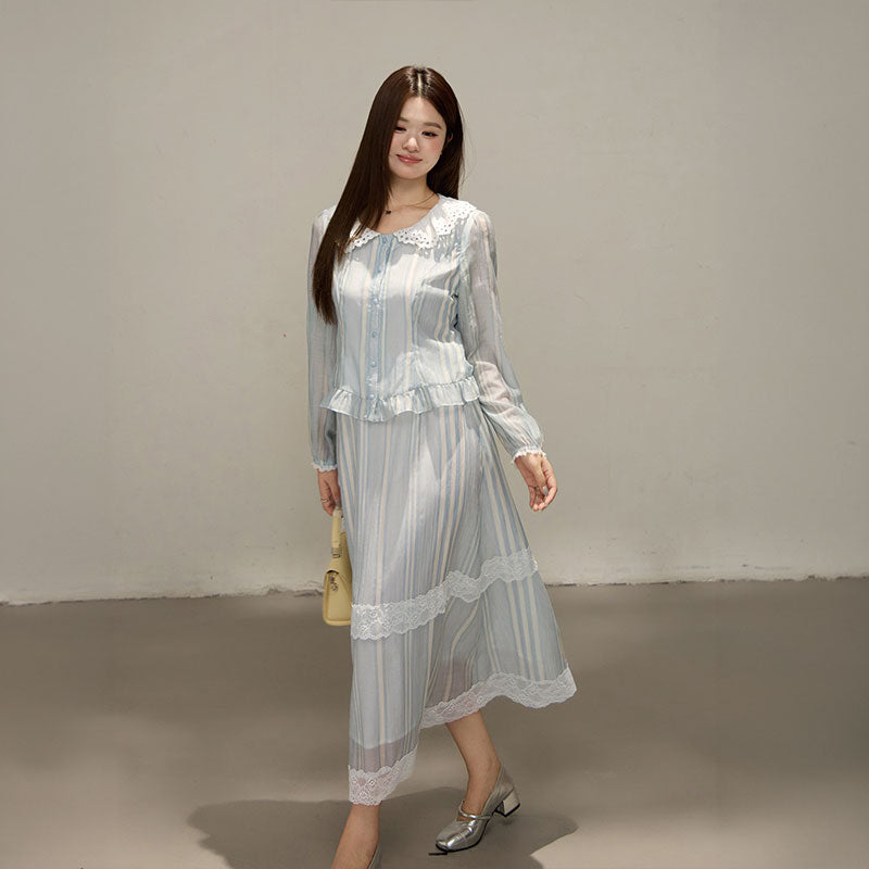 大きいサイズ レディース 淡色ストライプの軽やかレディセットアップ(LL/3L/4L/5L/6L)