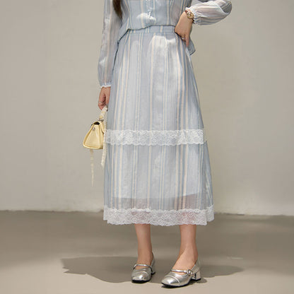 淡色ストライプの軽やかレディセットアップ(LL/3L/4L/5L/6L)