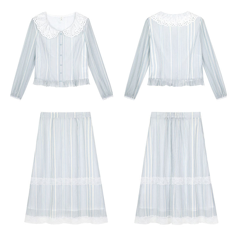 大きいサイズ レディース 淡色ストライプの軽やかレディセットアップ(LL/3L/4L/5L/6L)