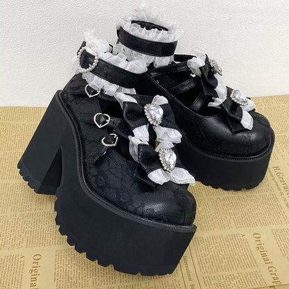 【30cmまでオーダーOK】■厚底レースリボンパンプス/大きいサイズの靴