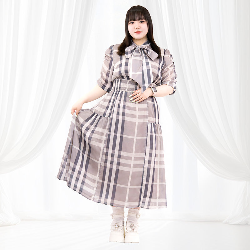 パルファムチェック・ワンピース　グレー（3L/4L/5L/6L）/Taberunosky（タベルノスキー）