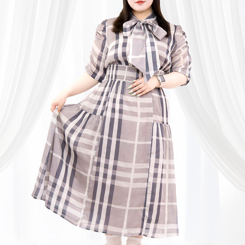 大きいサイズ レディース｜Parfum Check Dress, Gray (3L/4L/5L/6L