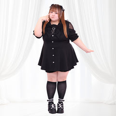 黒猫ビッグリボンの半袖地雷ブラックワンピースセットアップ（3L/4L/5L/6L）/Taberunosky（タベルノスキー）
