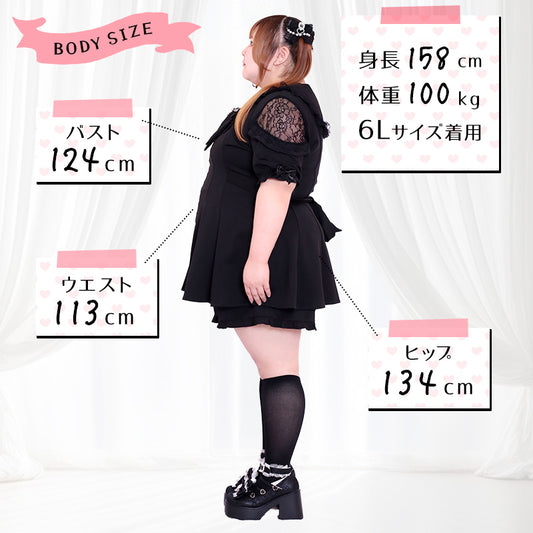 黒猫ビッグリボンの半袖地雷ブラックワンピースセットアップ（3L/4L/5L/6L）/Taberunosky（タベルノスキー）