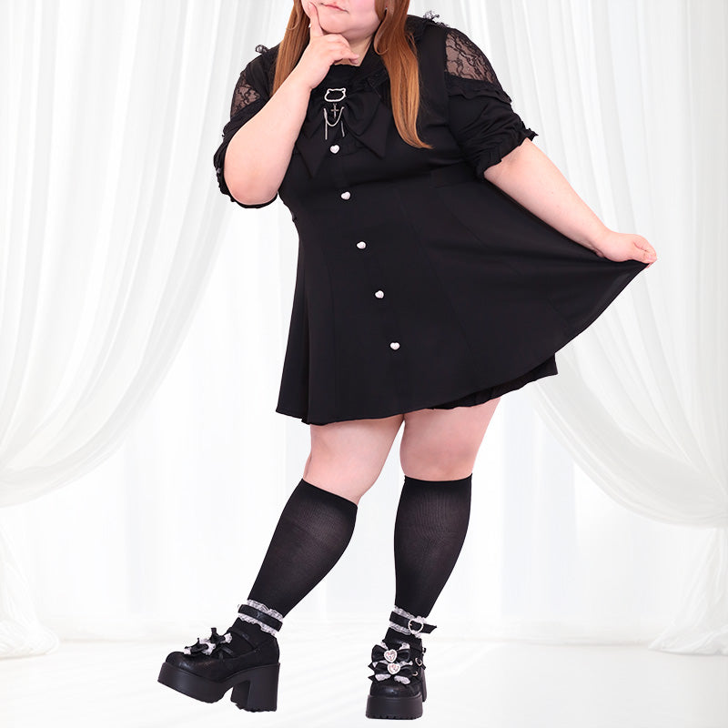 大きいサイズ レディース Black Cat Big Ribbon Short-Sleeve Jimei Black One-Piece Dress Set-Up (3L/4L/5L/6L) / Taberunosky