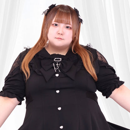 Black Cat Big Ribbon Short-Sleeve Jimei Black One-Piece Dress Set-Up (3L/4L/5L/6L) / Taberunosky