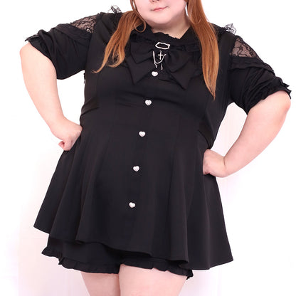 Black Cat Big Ribbon Short-Sleeve Jimei Black One-Piece Dress Set-Up (3L/4L/5L/6L) / Taberunosky
