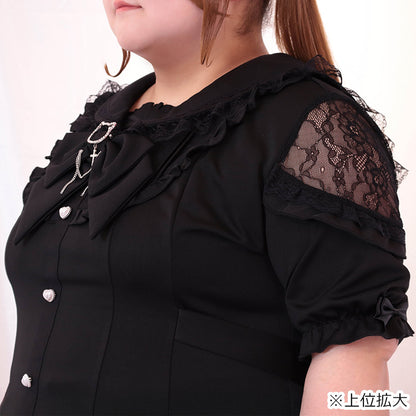 Black Cat Big Ribbon Short-Sleeve Jimei Black One-Piece Dress Set-Up (3L/4L/5L/6L) / Taberunosky