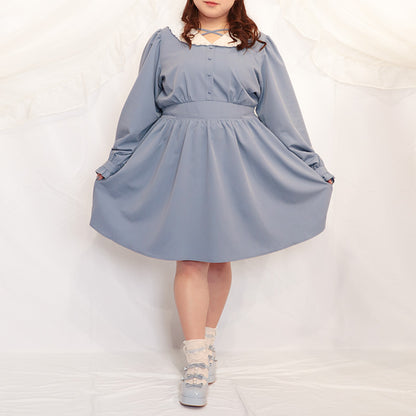Blue mini dress with lace collar (one size fits 3L-4L-5L) / Taberunosky