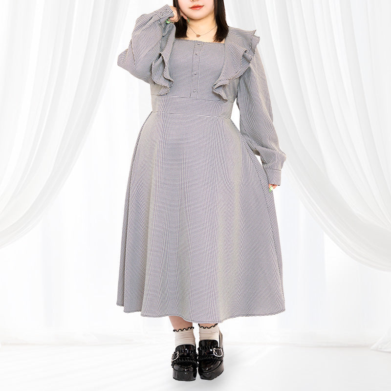 フリル千鳥格子長袖ロングワンピース（3L/4L/5L/6L）/Taberunosky