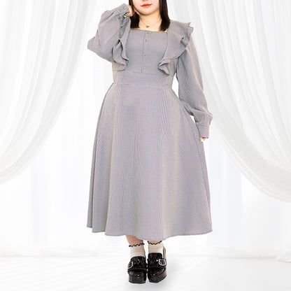 フリル千鳥格子長袖ロングワンピース（3L/4L/5L/6L）/Taberunosky（タベルノスキー）