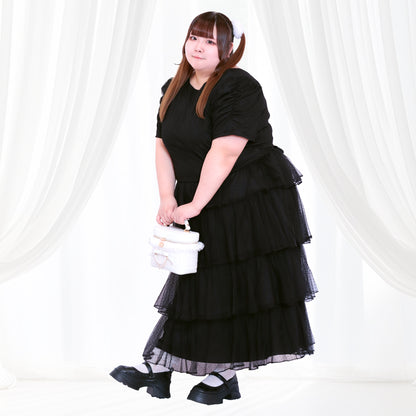 ノワール・ドットチュール・バックリボンティアードセットアップ（3L/4L/5L/6L）/Taberunosky（タベルノスキー）